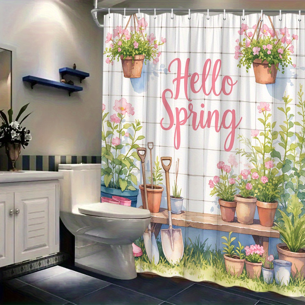Gardening Tools Pink - Tirai Mandi Cetak Latar Belakang Ubin