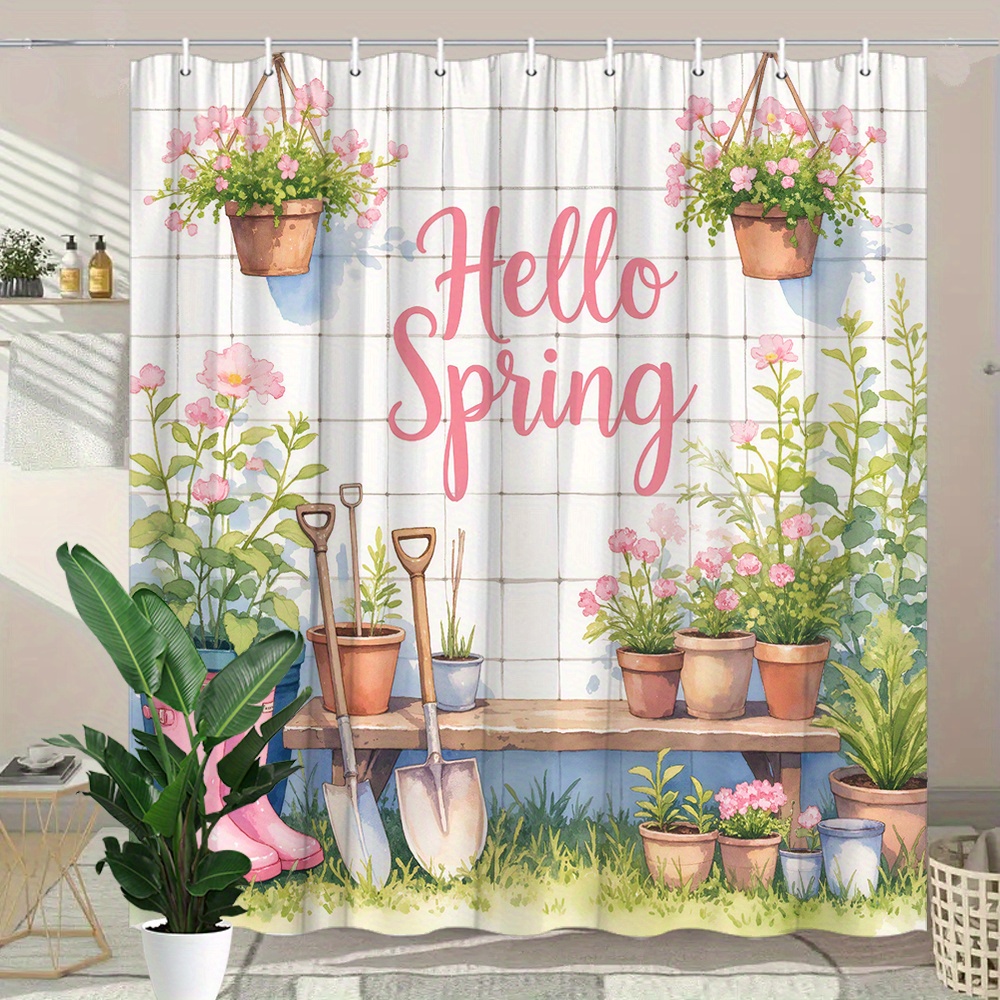 Tirai Mandi Cetak Latar Belaka - Gardening Tools Pink ulasan dan harga